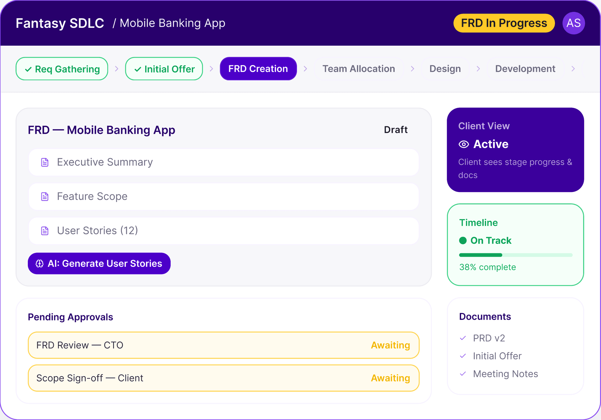 Fantasy SDLC dashboard showing the FRD Creation stage for a Mobile Banking App project, with pending approvals, client view, timeline, and documents panels
